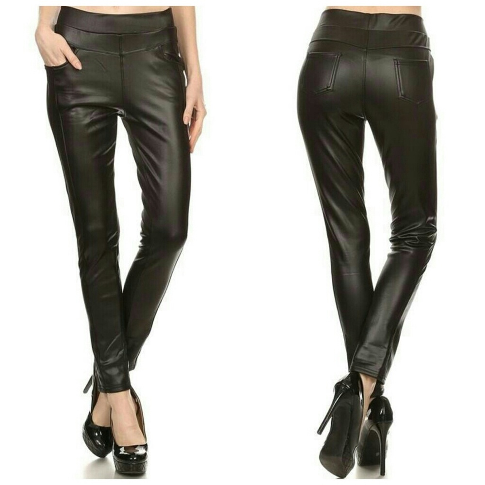 Fleece Lined Vegan Leather Pocket Leggings - Picture 5 of 8